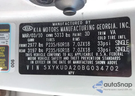 2011 Kia Sorento Ex V6 z USA, uszkodzony, nr VIN 5XYKUDA20BG034702